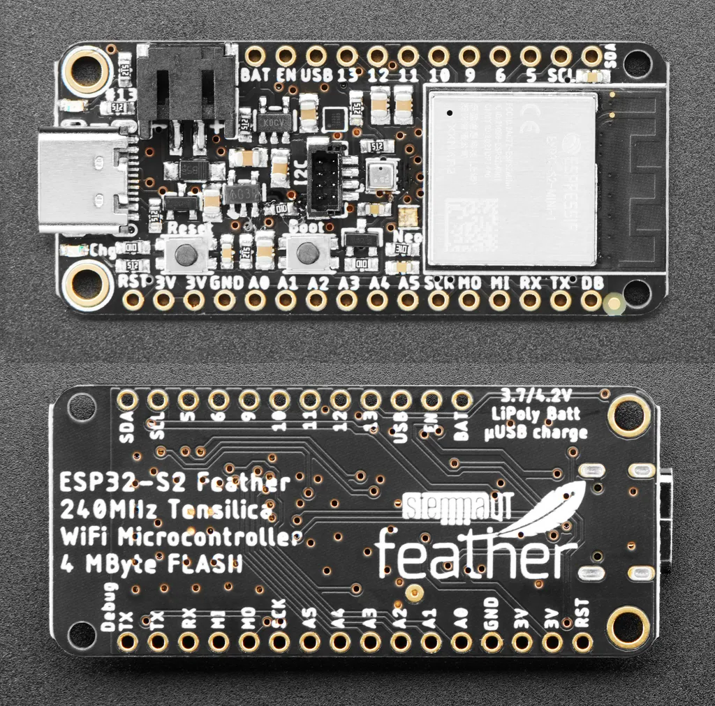 Adafruit ESP32-S2 Feather Front and Back