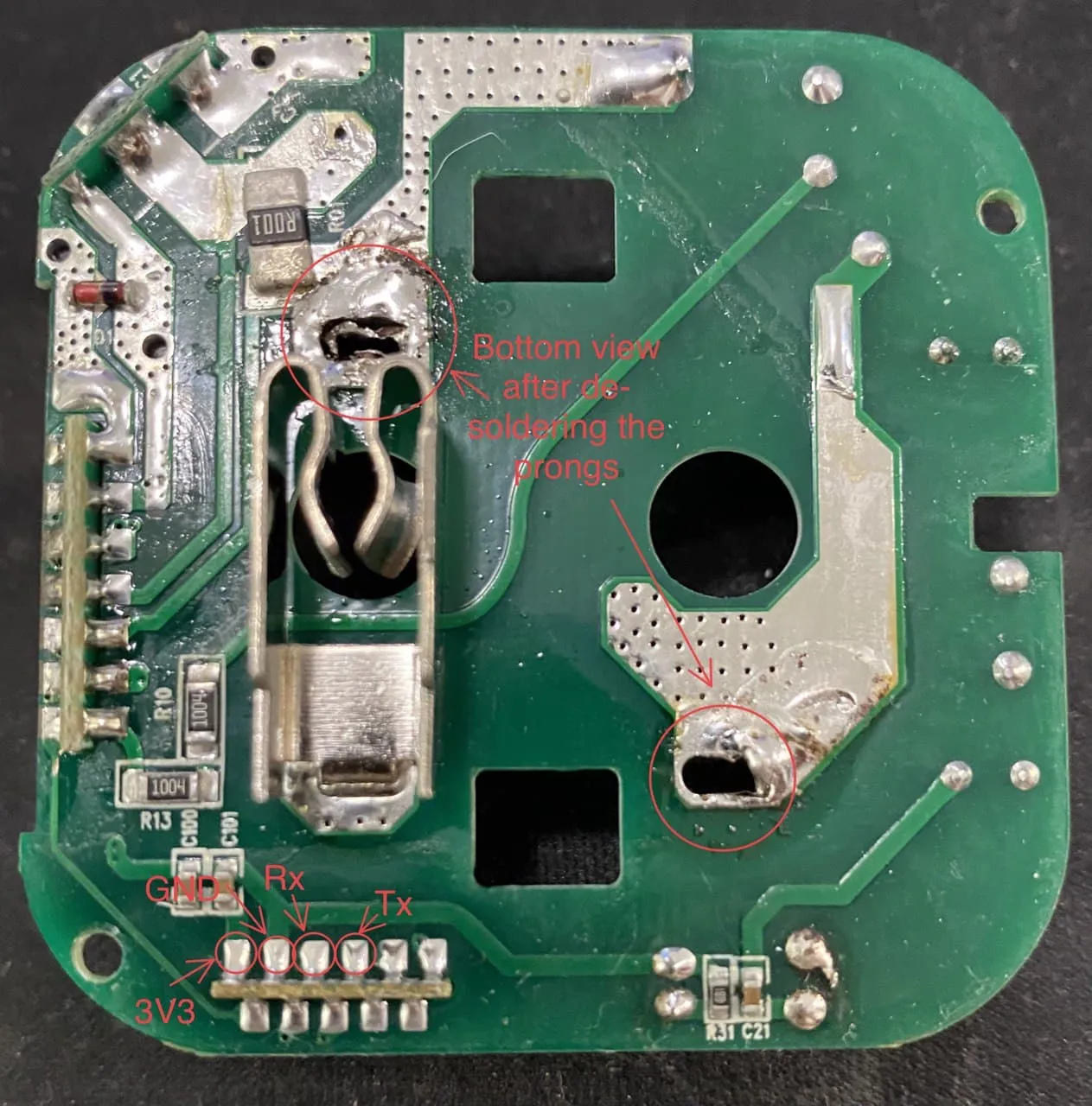 Bottom view of the board after de-soldering prongs with pinout